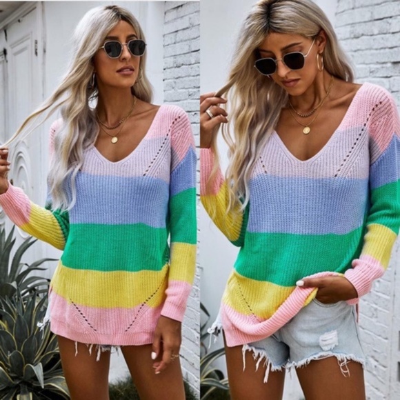 Color block multi color knit v neck sweater - Picture 2 of 3